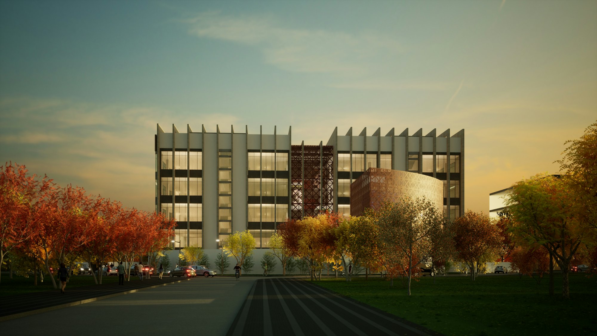 Render de edificio institucional al atardecer, imagen referencial